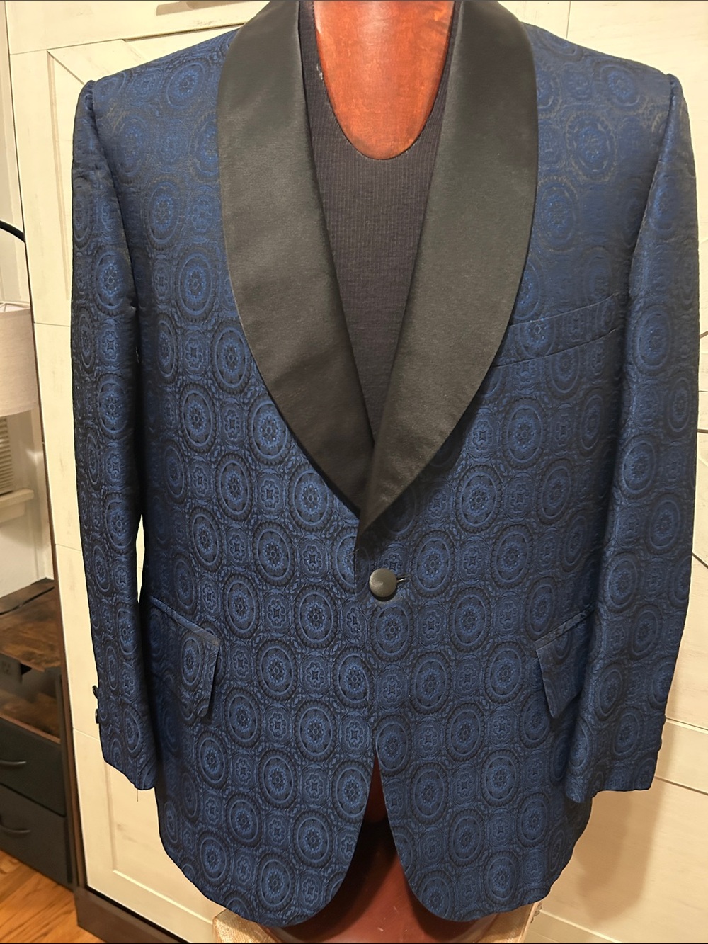 Men's Navy Blue Patterned Tuxedo Blazer with Black Satin Shawl Lapel